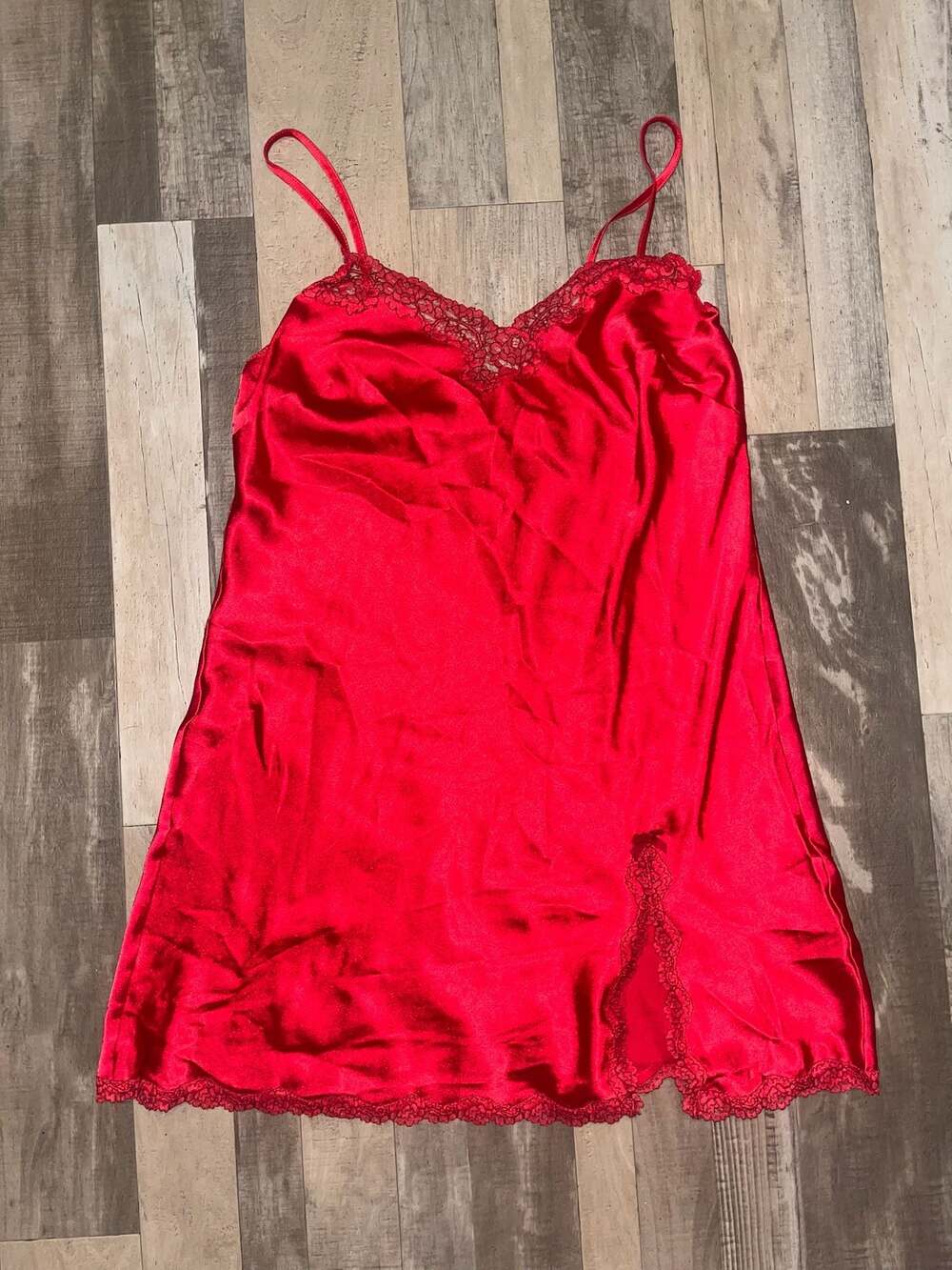 Vintage Victoria's Secret Red Satin Lace Trim Chemise Slip Dress Size S/P